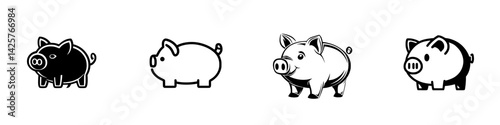 Set of black pig icons featuring different styles and designs on a plain background for creative use