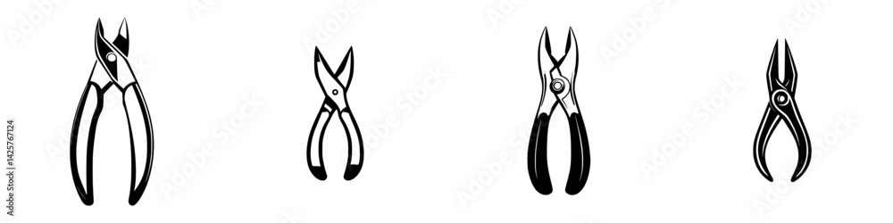 Set of black icons depicting different types of pliers arranged in a row for design and illustration purposes