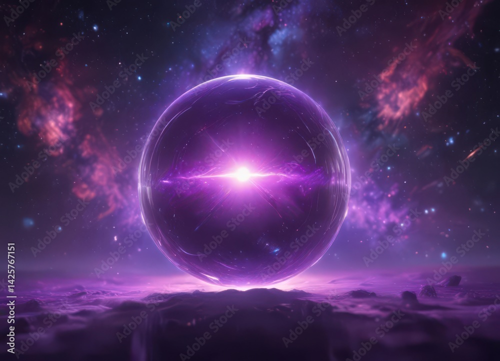 Glowing orb floats in a vibrant purple cosmic nebula , background, stars Glowing orb floats in a vibrant purple cosmic nebula , background, stars