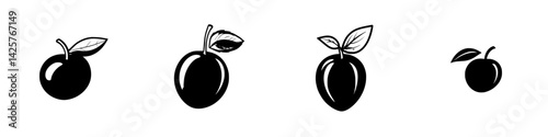 Black icon set featuring different styles of fruits with leaves, useful for design projects and illustrations