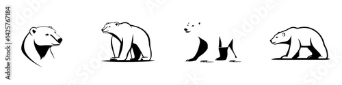 Black icon illustrations of polar bears showcasing various poses and expressions for design use
