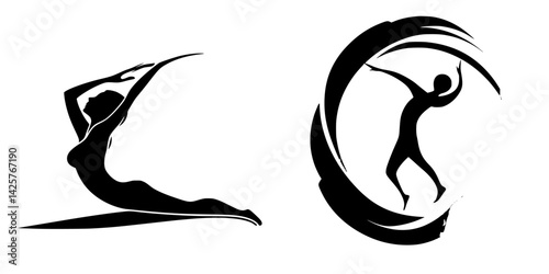 Set of black icons depicting graceful human figures engaged in artistic movement and stretching