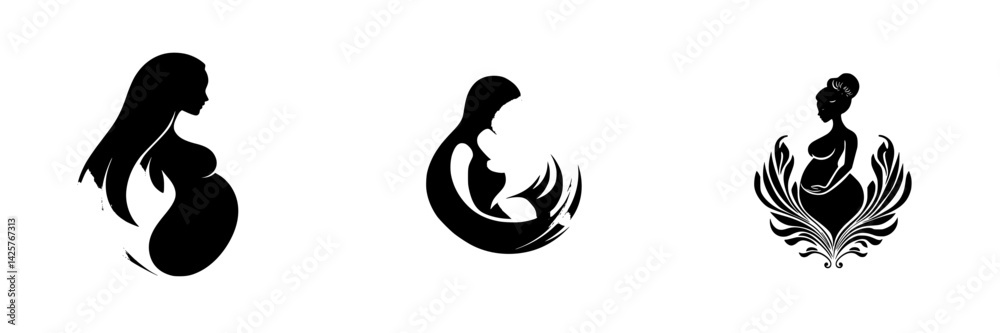 Naklejka premium Black icon set featuring diverse representations of motherhood and femininity in simple, elegant designs