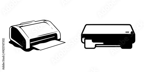Black icon illustrating two types of printers, showcasing a printer with a paper output and a compact design