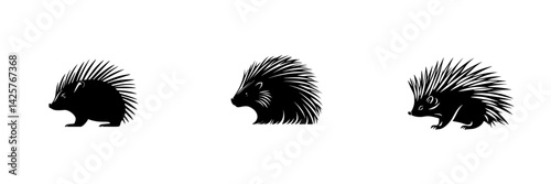 Stylized black icons of porcupines showcasing different postures and profiles