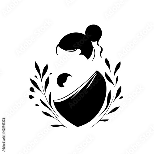 Elegant black icon of a mother carrying her child, surrounded by botanical elements for a modern aesthetic appeal