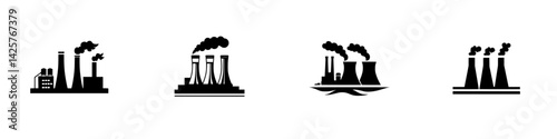 Set of black industrial icons depicting factories, power plants, and smokestacks with smoke rising, showcasing industrial activity
