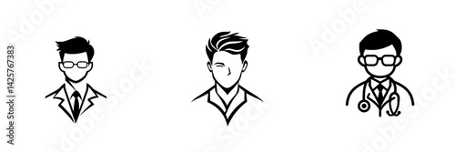Set of three black icons representing different male characters in professional attire, including a doctor, a business person, and a casual appearance
