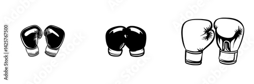 Black boxing gloves icon set featuring various styles of gloves for sports and fitness design