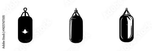 Black boxing bag icons in different styles suitable for gym and fitness designs