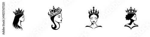 Elegant black icons depicting diverse female figures adorned with crowns in a minimalist style