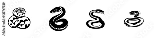 Set of minimalist black snake icons featuring various styles and postures suitable for graphic design and illustration projects