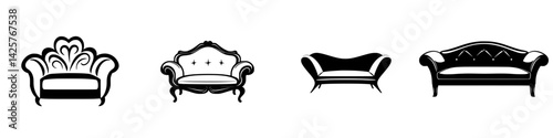 Set of black furniture icons showcasing various elegant couch designs for interior decoration concepts