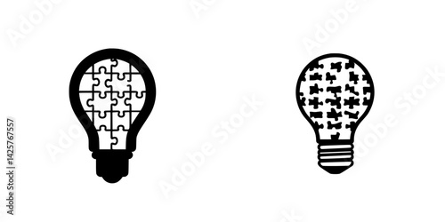 Creative black icons depicting light bulbs designed with puzzle pieces and intricate patterns for innovative concepts