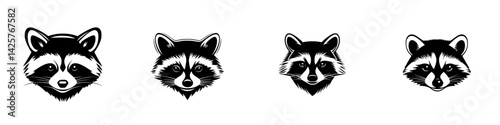 Black icon collection showcasing various raccoon faces in a minimalistic style on a white background