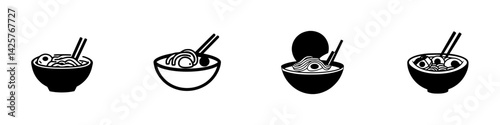 Black icon set depicting various styles of noodle bowls with chopsticks