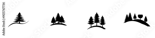 Black icon set featuring various tree silhouettes on curved hills