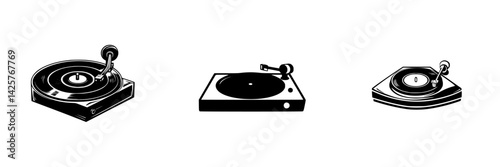 Set of three black vinyl record players showcasing various designs and styles for music enthusiasts and collectors