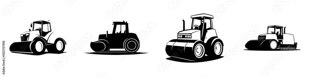 Naklejka premium Set of black construction vehicle icons featuring different types of machinery for landscaping and building activities