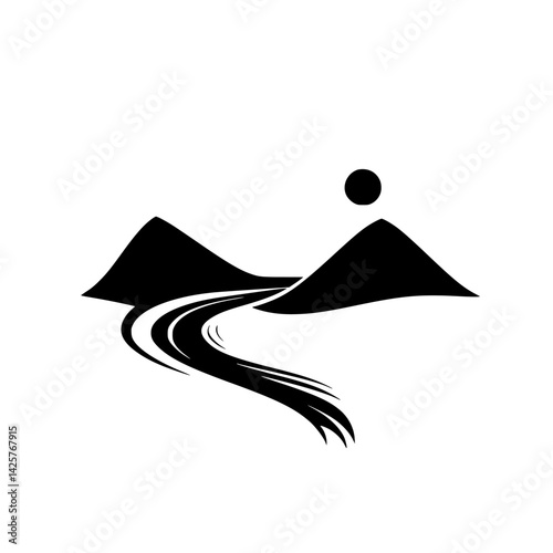 Black icon depicting minimalistic mountains, winding road, and sun symbolizing nature and adventure in a simplistic style