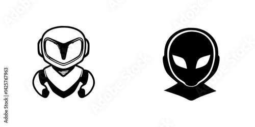 Black icon featuring a futuristic character and an alien-like figure in a minimalist design