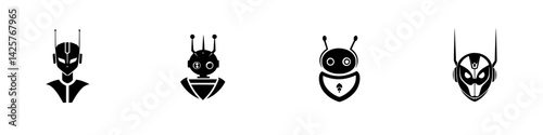 Set of black robot icons showcasing various designs and expressions for digital applications and branding