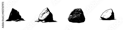 Set of four distinct black rock illustrations showcasing various shapes and textures in a simplified style