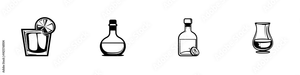 Set of black icons featuring various drink-related items and ingredients, showcasing modern design and minimalism Set of black icons featuring various drink-related items and ingredients, showcasing modern design and minimalism