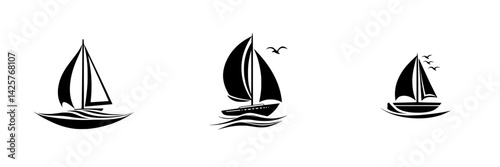 Stylized black icons of sailboats sailing on calm waters with birds flying in the background