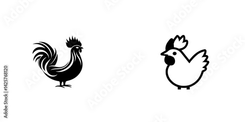 Set of black icons depicting a rooster and a hen in a minimalist style suitable for various design applications