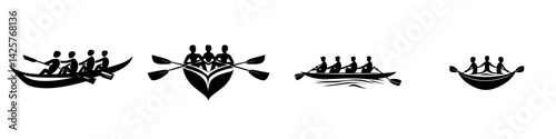 Set of black icons depicting various rowing team formations in different styles and perspectives with a minimalist design