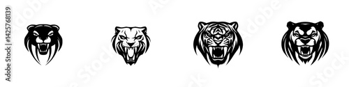 Black icons of various big cats displaying fierce expressions in a minimalist design
