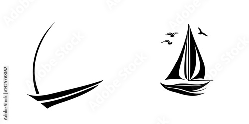 Black icon set featuring artistic representations of sailing boats and birds in minimalist style