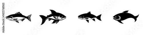 Black silhouette icons depicting different styles of fish arranged horizontally on a plain background