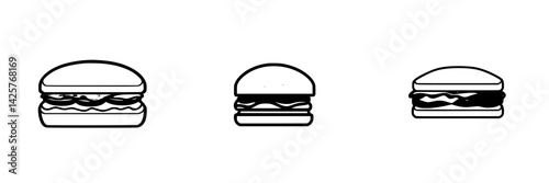 Set of three simple black icons representing different styles of burgers with various toppings
