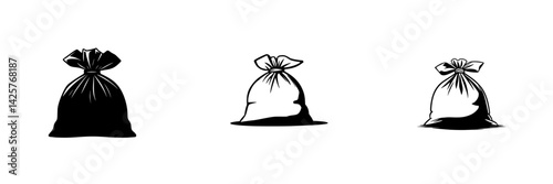 Black icon set of garbage bags in varying sizes on a clean background representing waste disposal and recycling efforts