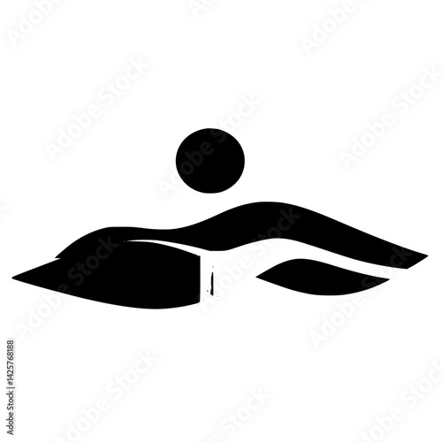 Black icon representing a swimmer and sun against a simple backdrop, symbolizing recreational water activities and summer fun