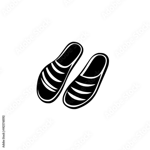 Black icon of casual footwear featuring an open-toe design and horizontal lines, perfect for warm weather outings or indoor relaxation