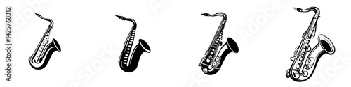 Set of black saxophone icons in various styles showcasing the versatility of this musical instrument