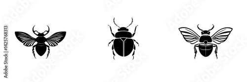 Black icons of insects featuring a bee, beetle, and another insect on a white background for illustrative purposes