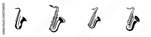 Black saxophone icons representing various styles and designs in a minimalist arrangement