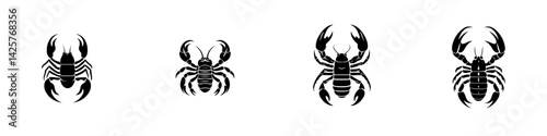 Set of four black icons depicting various scorpions designed for graphic use in a minimalist style