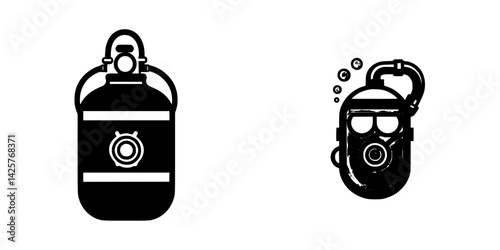 Set of black icons depicting a dive tank and a diver with bubbles