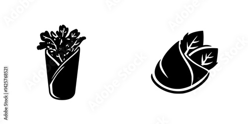 Black icons of wrapped food items featuring greens for menu or design use for culinary themes