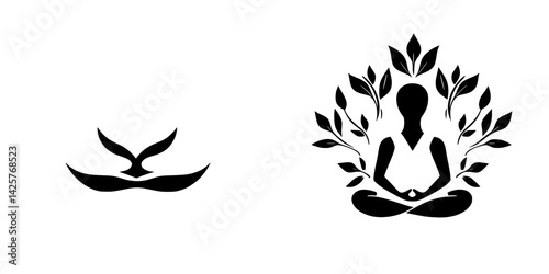 Set of black icons depicting a hand with a leaf and a seated figure meditating among leaves, symbolizing tranquility and nature