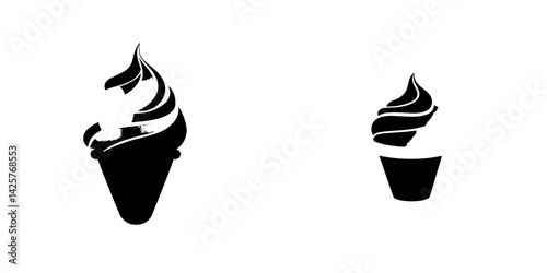 Black icon depicting soft serve ice cream in two sizes against a white background