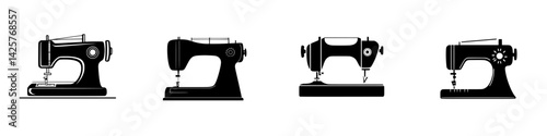 Set of four black sewing machines showcasing various designs and styles in a minimalist arrangement