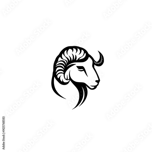 Detailed black icon depicting a ram's head with distinctive horns and an elegant design for graphic use and branding