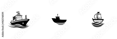 Set of black boat icons featuring different styles of vessels on waves for maritime themes