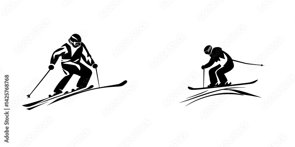 Fototapeta premium Dynamic black icons of skiers showcasing diverse skiing styles and movements on a snowy slope during winter sports season